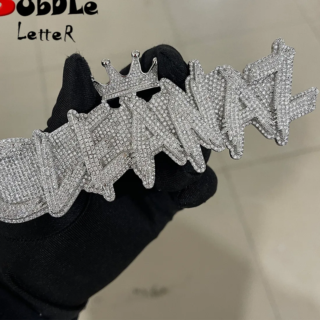 Authentic Bubble Letter Name Necklace Personalized Customized Jewelry White Gold Plated Crown Bail Rapper Bling Charms Hip Hop 2022 Trend