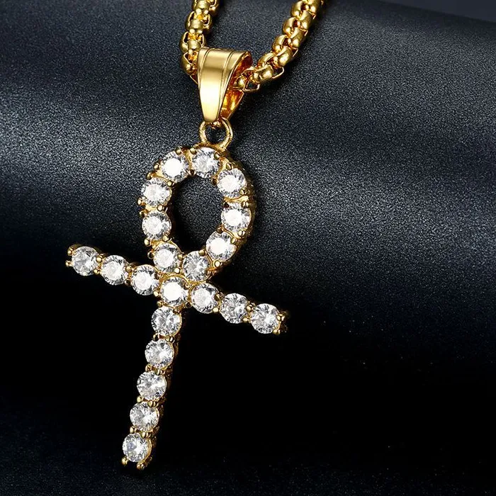 Authentic Hip Hop CZ Stone Paved Bling Iced Out Ankh Cross Pendants Necklace for Men Rapper Jewelry Gold Silver Color