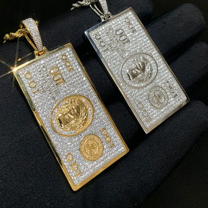 Authentic Hip Hop 3A+ CZ Stone Paved Bling Iced Out 100 Dollars Pendant Necklace for Men Rapper Jewelry Gold Silver Color