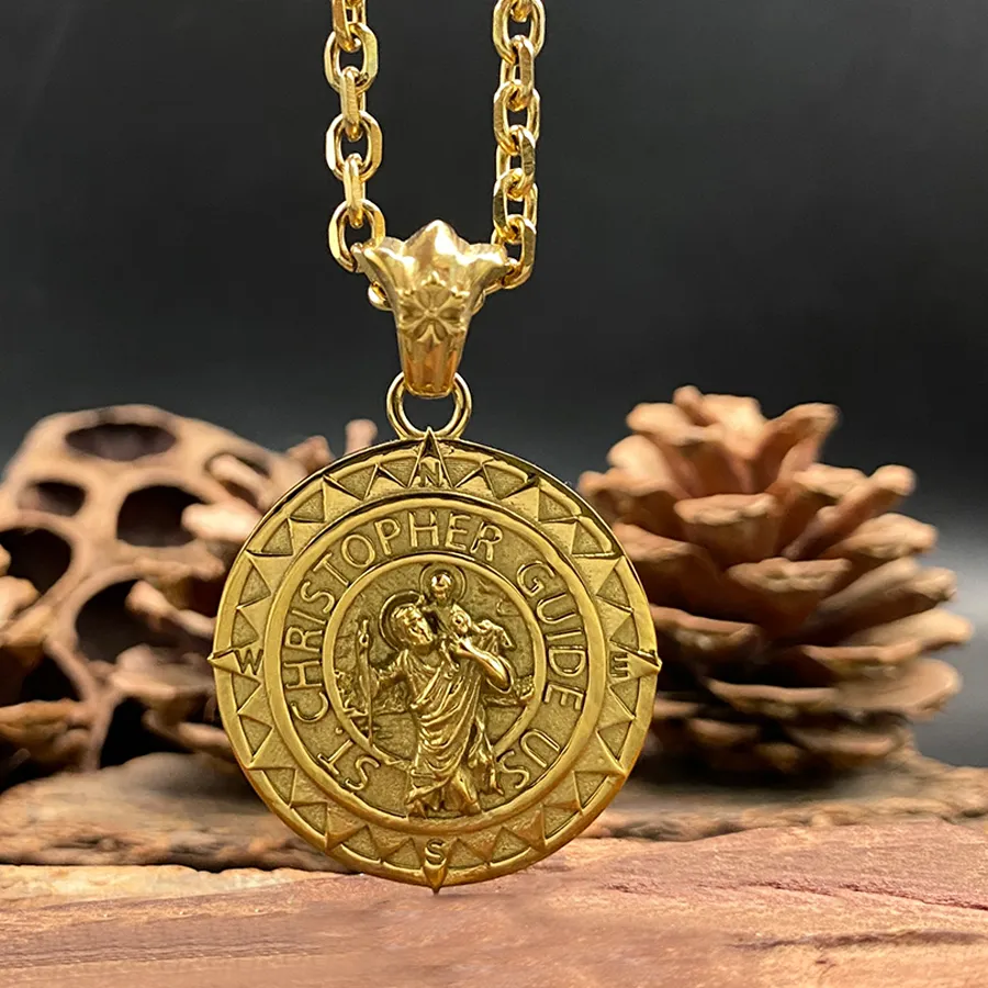 Authentic Men's St Christopher Necklace Gold Plated Religious Medal Pendant Travel Protection