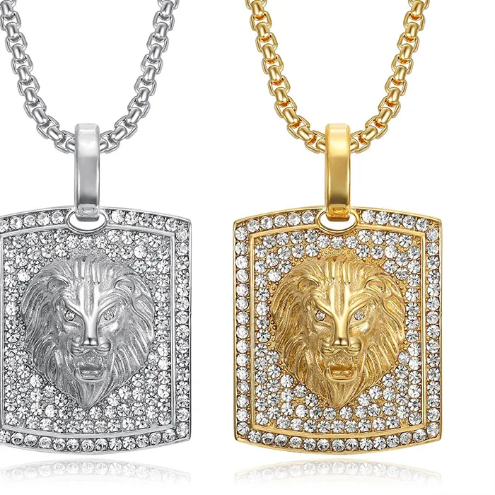 Authentic Hip Hop Bling Iced Out Solid Stainless Steel Animal Male Lion Pendants Necklace for Men Rapper Jewelry Gold Silver Color