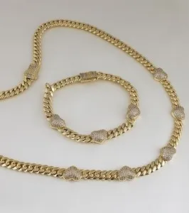 Authentic 14K Gold Plated Cz Heart Cuban Choker Chain Necklace And Bracelet Set