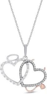 Authentic 1/6ct Diamond Angel & Devil Double Heart Pendant 18" Necklace in 925 Silver