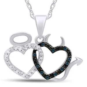 Authentic Heart Of Duality Blue And White Diamond Angel And Devil Pendant In Gold- Plated Silver