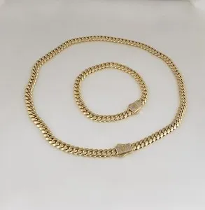 Authentic Women Men 14K Gold Plated Cz Cuban Choker Chain Necklace And Bracelet Set