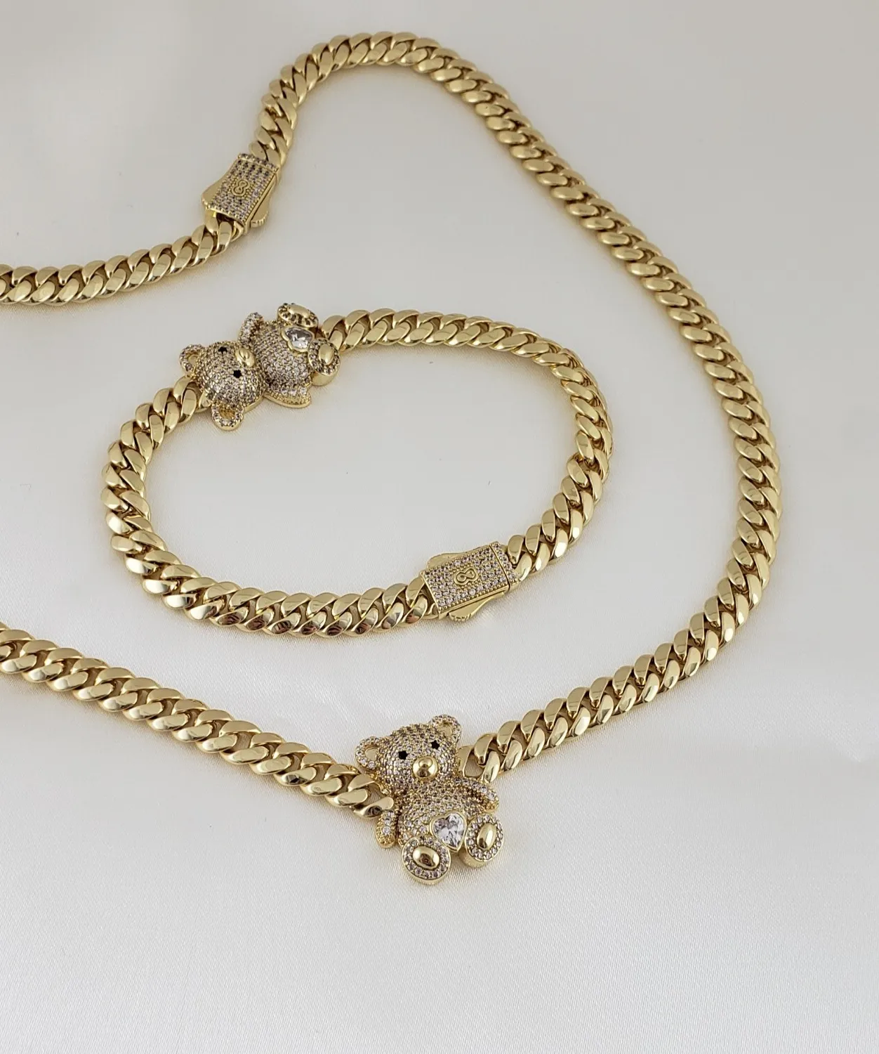 Authentic Bear of the Golden Moon: A 14K Plated Cuban Choker & Bracelet Set