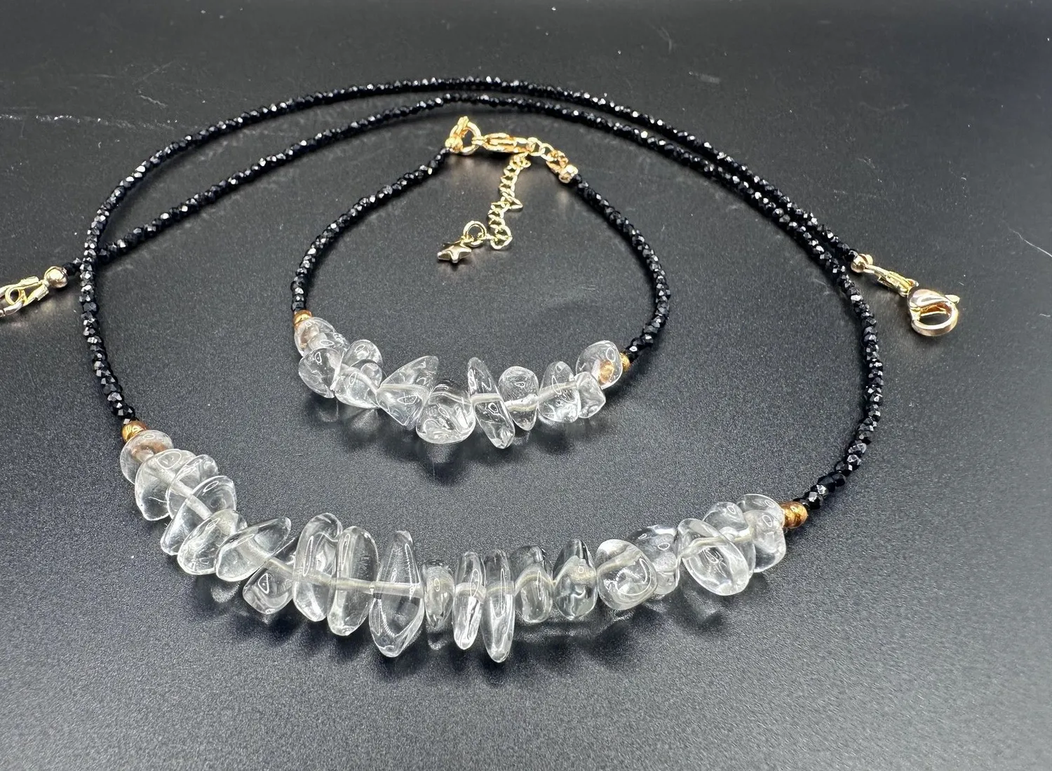 Authentic 22" Black Spinel Clear Crystal Choker Bracelet Set Gold Plated Minimal Jewelry