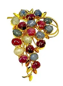 Authentic SENSATIONAL GOLD PLATED NATURAL PINK BLUE WHITE SAPPHIRE CABOCHON FLORAL BROOCH