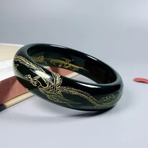 Authentic Certified hetian Green Jade Engraving Gold-plated Dragon And Phoenix Bracelet