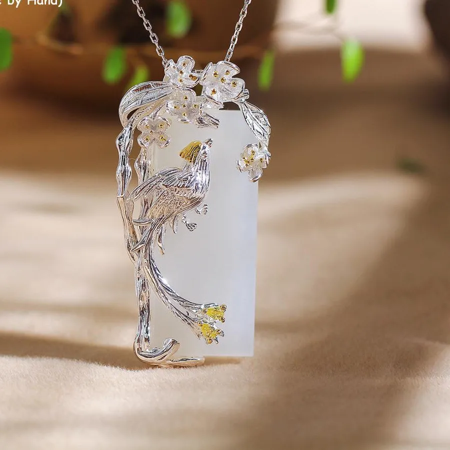 Authentic Uglyless Ethnic Silver Flowers Phoenix Birds Pendants for Women Natural Jade Garnet Square Necklaces NO Chains 925 Silver Bijoux