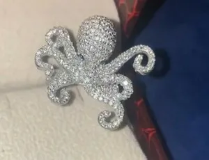 Authentic 2CT Simulated Diamond Men's Octopus Fish Charm Ring 14k White Gold Plated Silver
