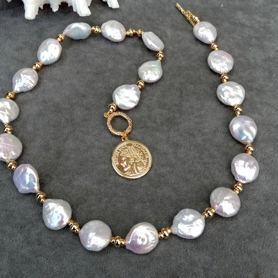 Authentic YYGEM 14x17mm Natural Freshwater White Coin Pearl Necklace 21mm Gold Plated Charm Pendant For Women Jewelry