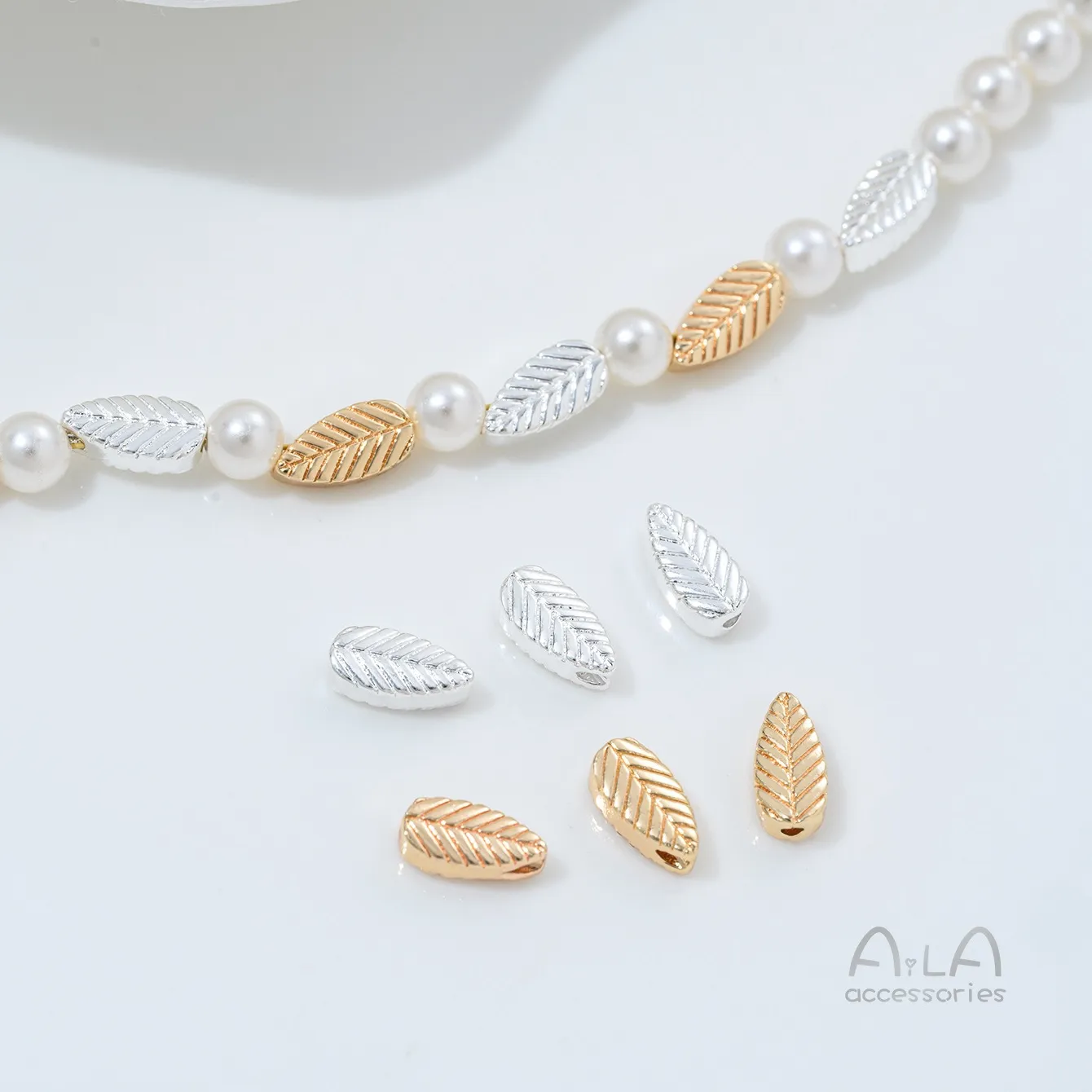 Authentic Silver-plated 14K Gold Double-sided Leaf Pattern Bead Spacer Handmade DIY String Pearl Bracelet Necklace Jewelry Accessories