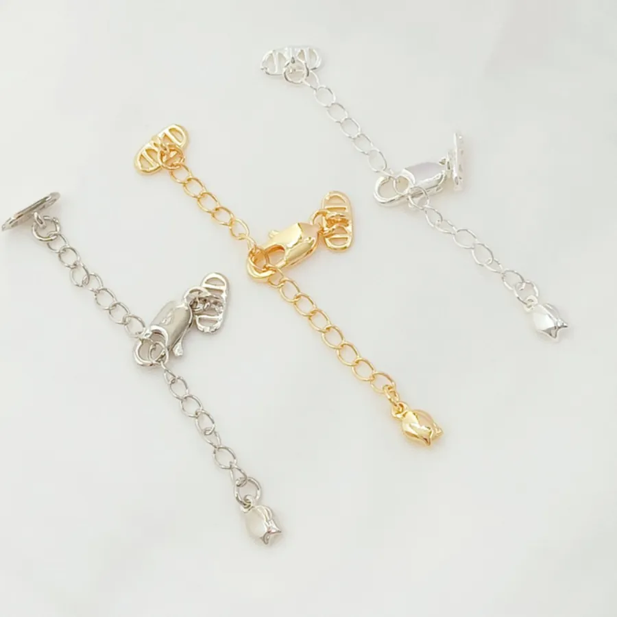 Authentic Silver 14K Gold- Plated White K Fish Tail Buckle, Extended Chain, Flower Bud Pendant, Diy Handmade Ending Buckle, Lobster Buckle
