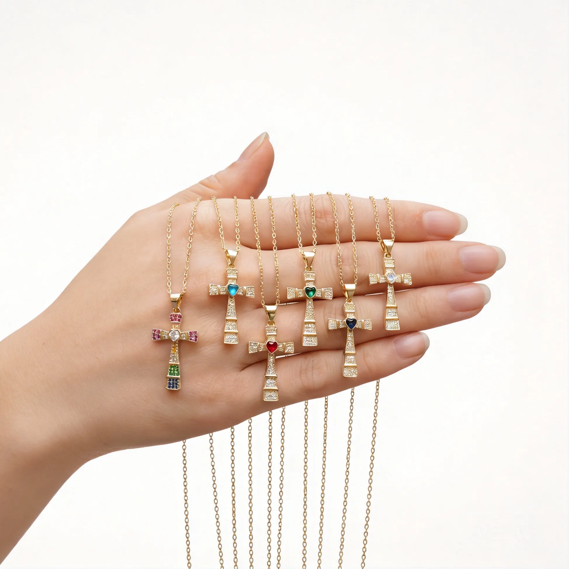 Authentic Cubic Zirconia Cross Pendant Necklace For Women Gold Plated Clavicle Chain Colorful Heart Gem Choker Trendy Lucky Jewelr