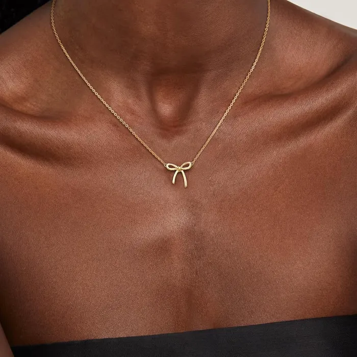 Authentic 14K Dainty Gold Bow Necklace for Women Mom Teen Girls, Cute Small Tiny Bow Pendant Choker Chain Necklaces Jewelry Gifts for Her