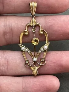 Authentic Unlock the Mystical Power of Citrine - Antique Art Nouveau Gold Plated Seed Pearl Pendant