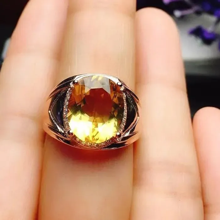 Authentic Three-dimensional design silver inlaid oval citrine men's ring opening domineering sparkling business style luxury jewelry