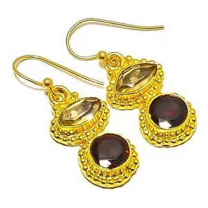 Authentic Sun‑Kissed Garnet & Citrine Amulet Earrings – 18K Gold‑Plated Radiance
