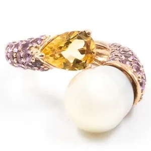 Authentic Sacred Citrine Citadel: 6.22ct Natural Citrine, Pink Sapphire, and Pearl Ring