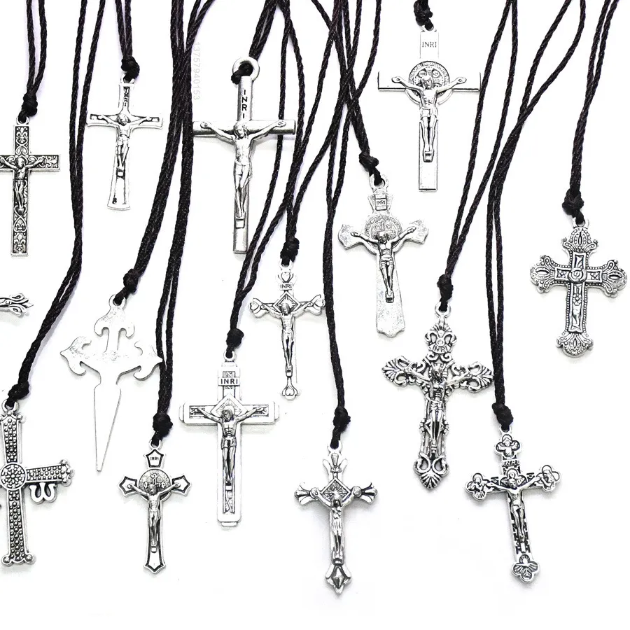 Authentic 15 Styles Wax Rope Silver Plated Cross Pendant Necklaces Men Women Catholic Christian Religious Prayer Jewelry Accessory Gifts