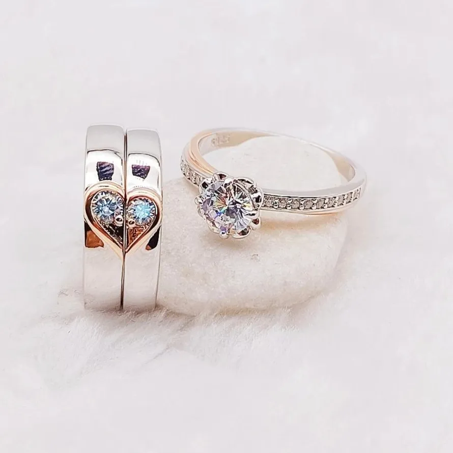 Authentic Alliances 3Pcs Rose Golden Heart Shape Cz Diamond Marriage Rings Real 925 Sterling Silver Jewelry Couple Ring