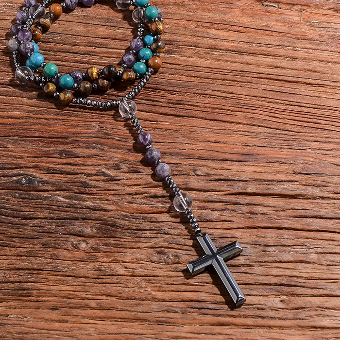 Authentic Natural Tiger Eye Amethyst Catholic Christian Rosary Men and Women Necklace Hematite Cross Pendant Meditation Yoga Mala Jewelry