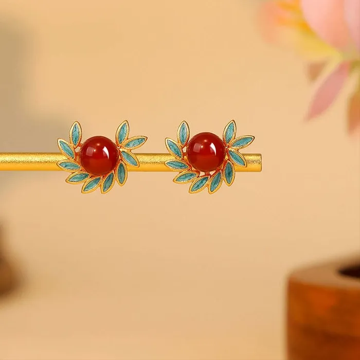 Authentic Natural Red Jade Beaded Stud Earrings Vintage Amulet Designer 18K Gold Plated
