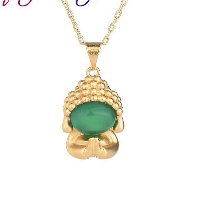Authentic Natural Jade Buddha Pendant Necklace Real Jewelry Amulet 18K Gold Plated