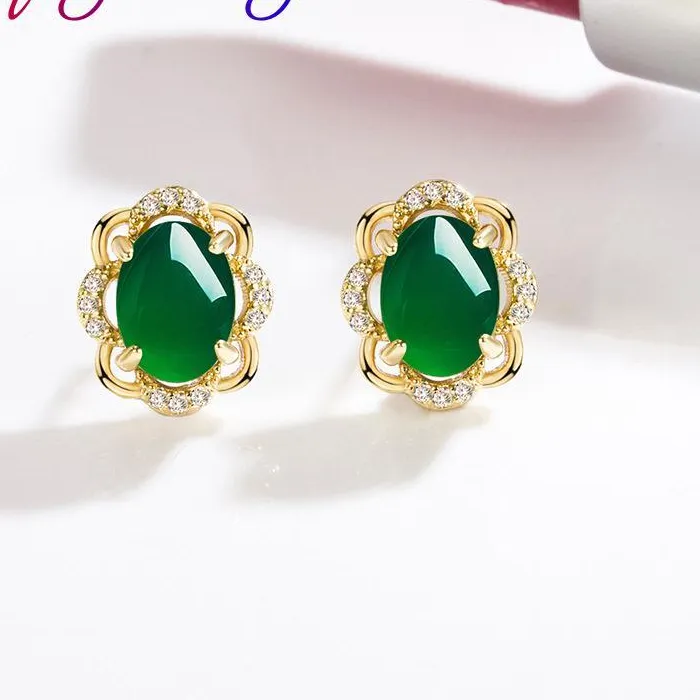 Authentic Natural Jade Earrings 18K Gold Plated Amulet Real Jewelry Ear Stud Designer