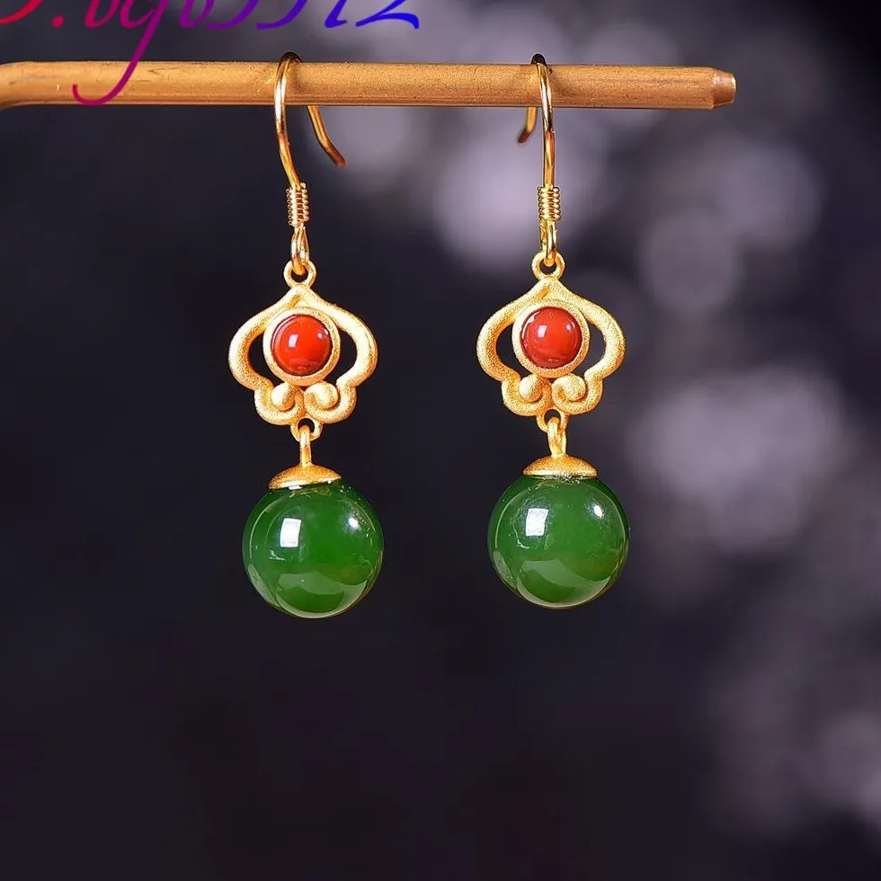 Authentic Verdant Harmony Natural Jade and 18K Gold-Plated Sacred Hoop Amulet Earrings