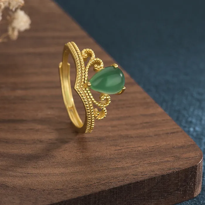 Authentic Green Natural Jade Crown Rings 18K Gold Plated Designer Amulet Real Jewelry