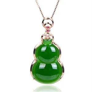 Authentic Green Natural Jade Gourd Pendant Necklace Rose Gold Plated Real Jewelry Amulet