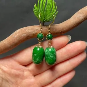 Authentic Green Natural Jade Bead Earrings Amulet Vintage 18K Gold Plated Real Jewelry