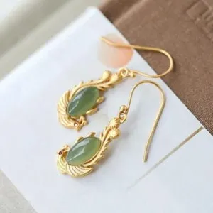Authentic Natural Jade Phoenix Earrings 18K Gold Plated Real Jewelry Stone Vintage Amulet