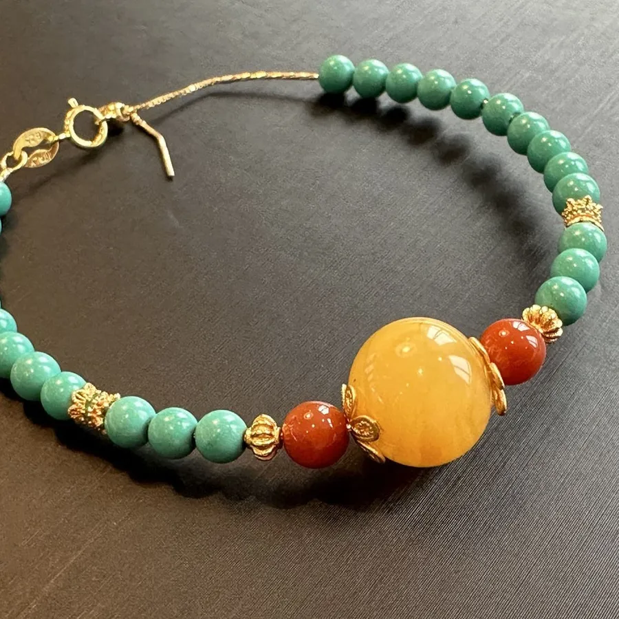 Authentic Amulet of Celestial Fortune: Turquoise Amber Red Agate Harmony