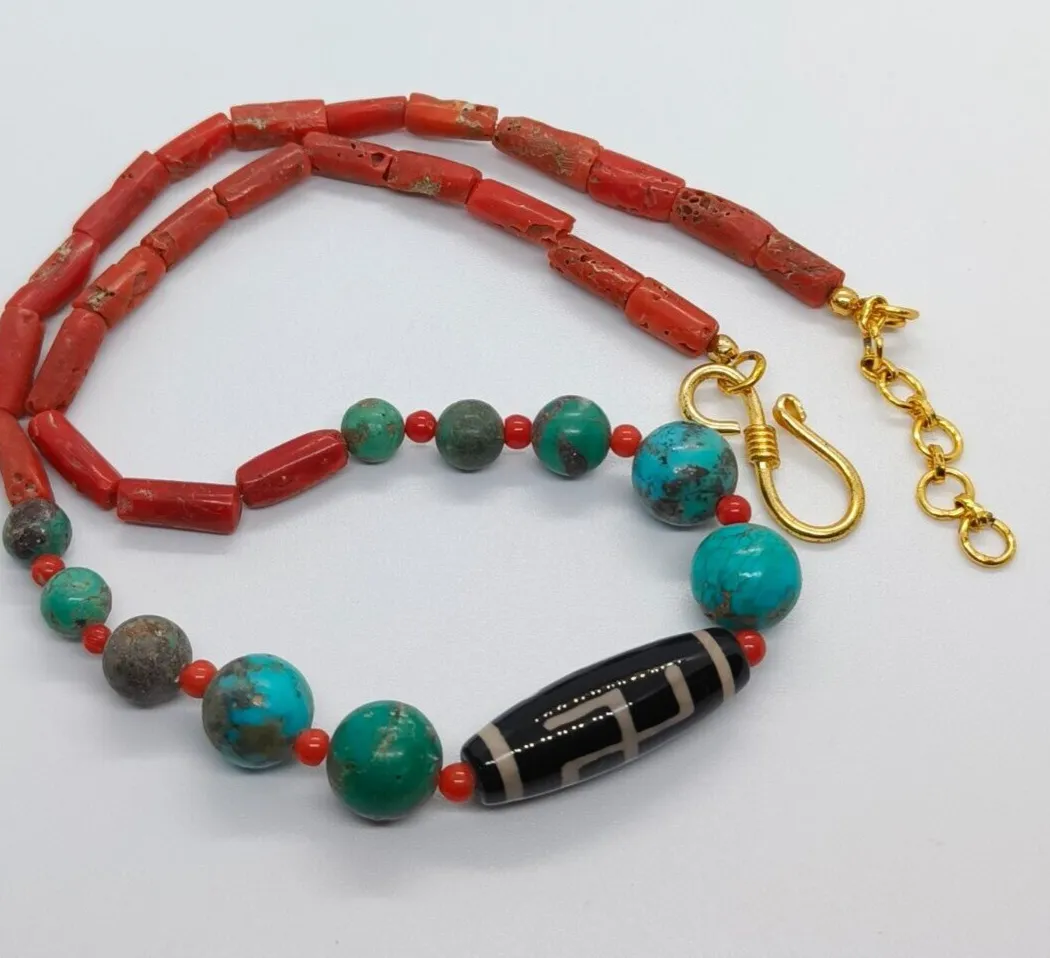 Authentic Natural Turquoise & Red Coral Dzi Bead Amulet Pendant Necklace-Gold Plated