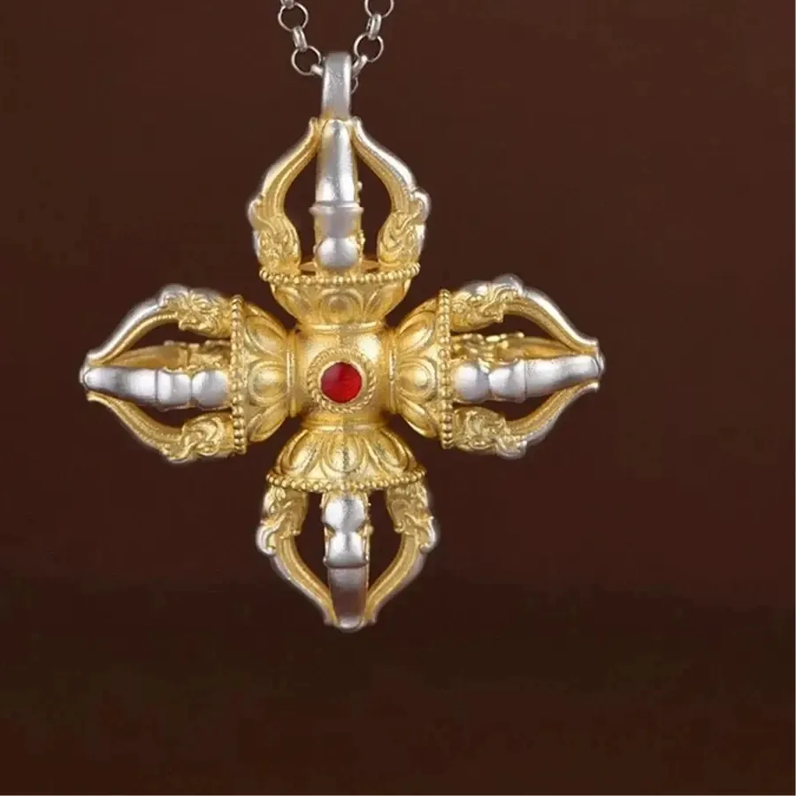 Authentic Gold Plated Pure 999 Fine Silver Pendant Buddhist Amulet Vajra Pendant 39mm H