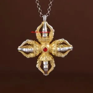 Authentic Gold Plated Pure 999 Fine Silver Pendant Buddhist Amulet Vajra Pendant 39mm H