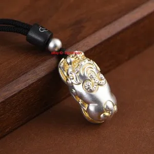 Authentic Fine 999 Solid Pure Silver Gold-Plated Pixiu Wealth Lucky Pendant Amulet Jewelry