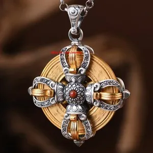 Authentic The Wheel of Awakening: Rotatable Buddhist Sutra Gold-Plated Sterling Silver Amulet