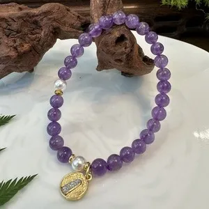 Authentic Natural Amethyst Pearl Bracelet Tara Amulet Gold Plated Feng Shui Protection