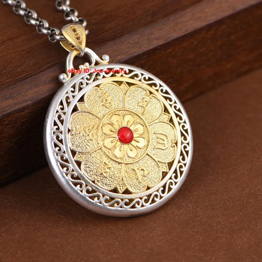 Authentic Fine 999 Solid Pure Silver Gold-Plated Lotus Vajra Spiritual Pendant Amulet