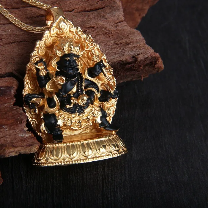 Authentic Gold-Plated Mahakala Pendant S925 Silver, Tibetan Protector God, Wrathful Amulet