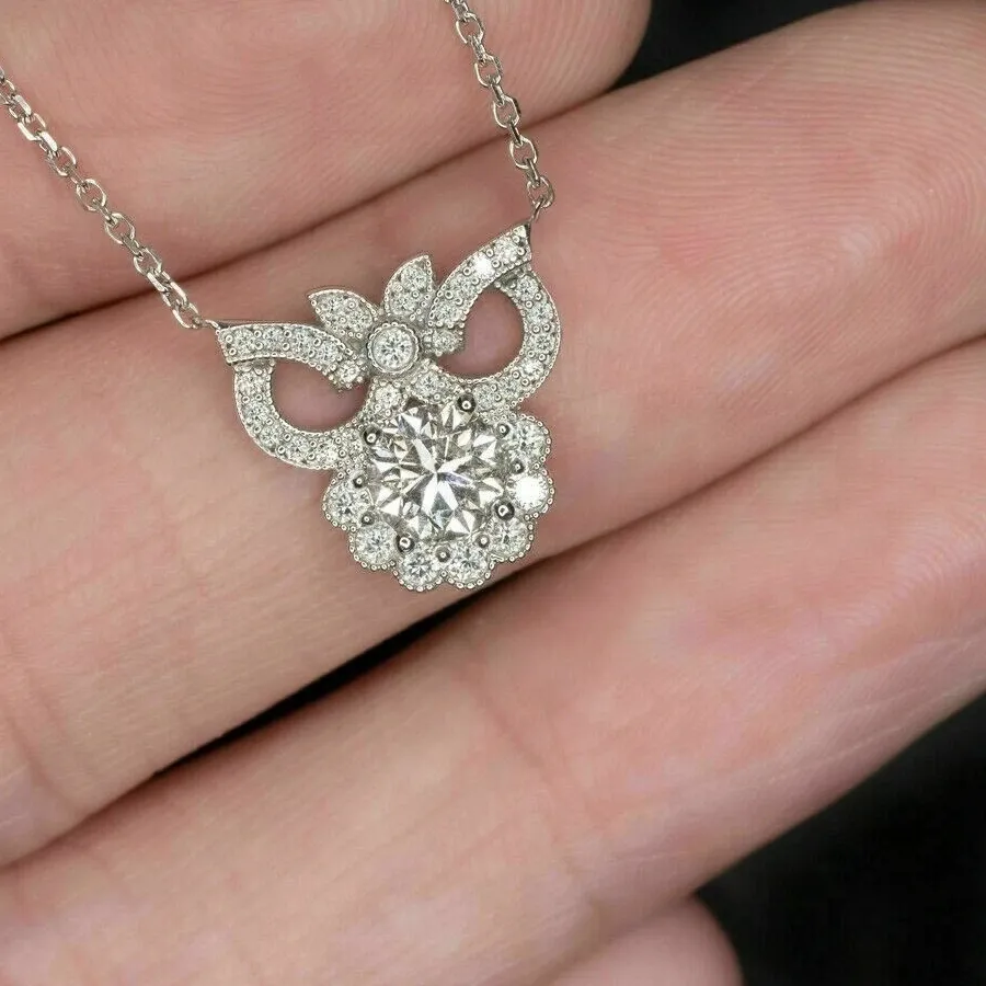 Authentic 2 Ct Round Simulated Diamond Amulet Owl Pendant Necklace 14k White Gold Plated