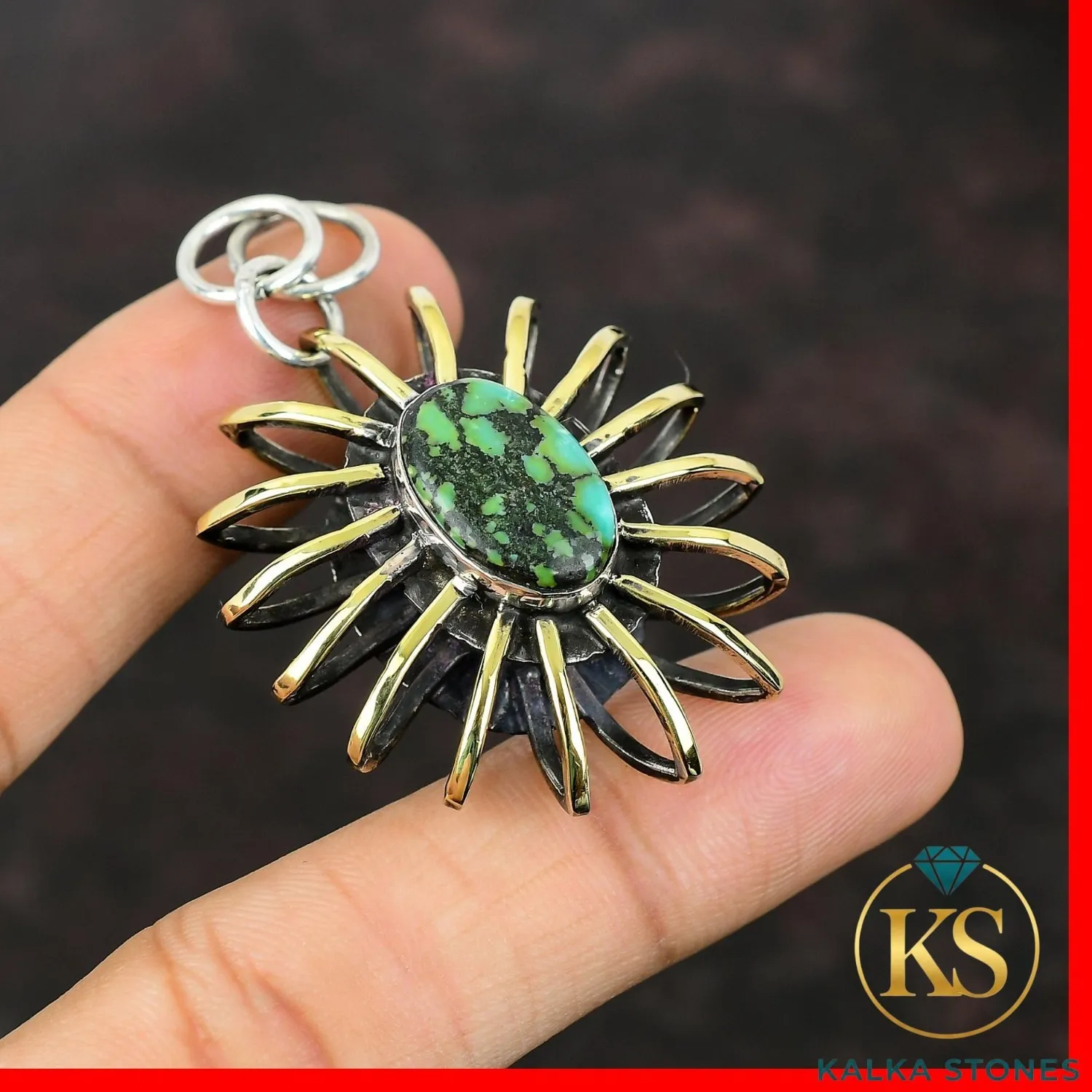 Authentic Radiant Sanctuary Tibetan Turquoise and 18K Gold Plated Artisan Cage Pendant