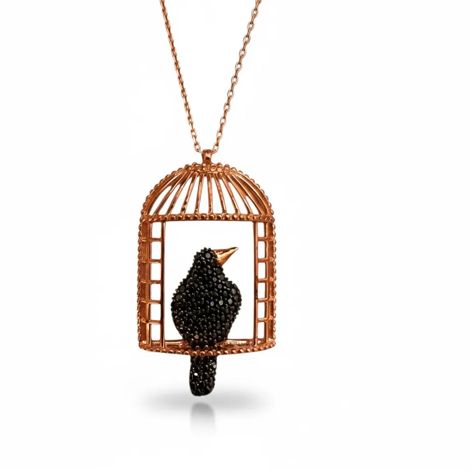 Authentic Rose Gold Plated 925 Sterling Silver Women's BIRD & CAGE Necklace in Box