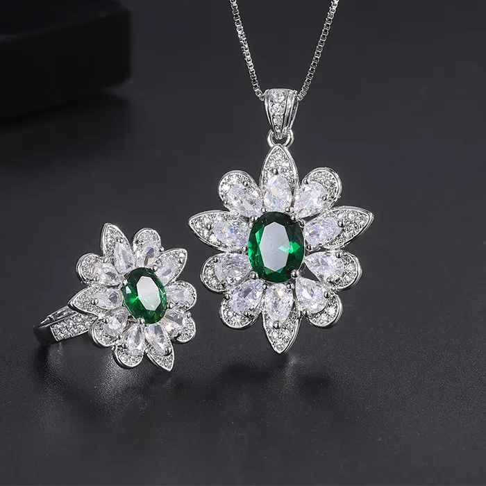 Authentic Trendy Luxury Brand Engagement Rings Women Jewelry Emerald Sun Flower Drop Crystal Necklace Set Party Anniversary Vintage