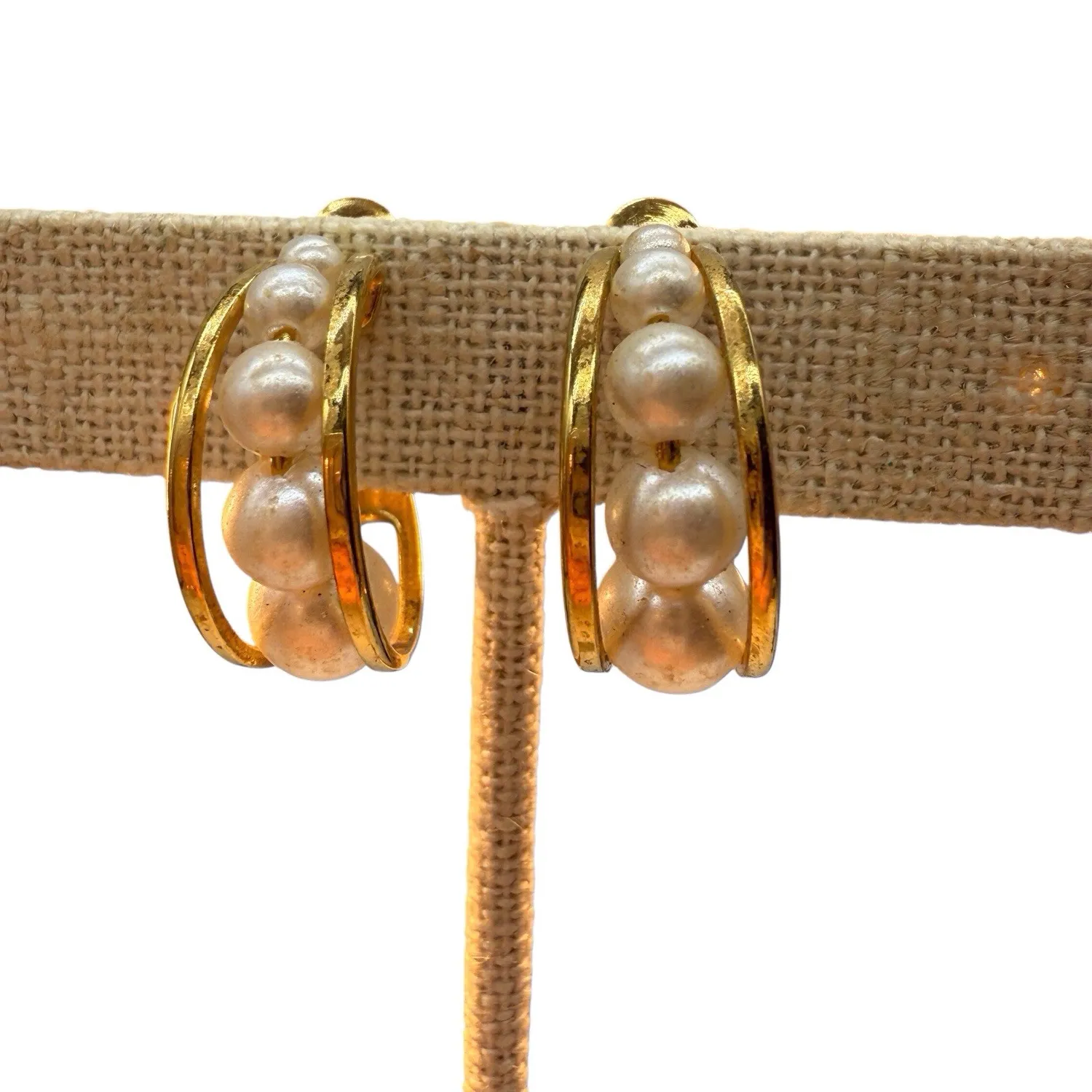 Authentic Napier Earrings Faux Cage Hoop Gold Plated Adjustable Clip-on 3/4” White BOHO B5
