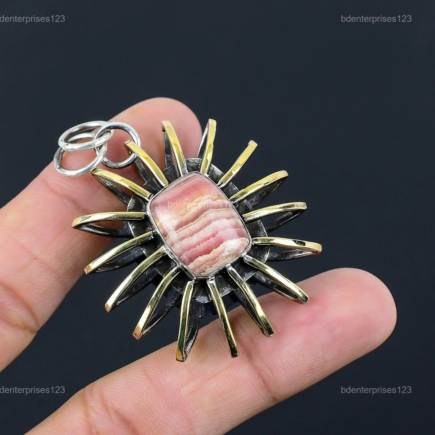 Authentic The Heartflame Sanctuary: Sterling Silver and 18K Gold Plated Rhodochrosite Pendant